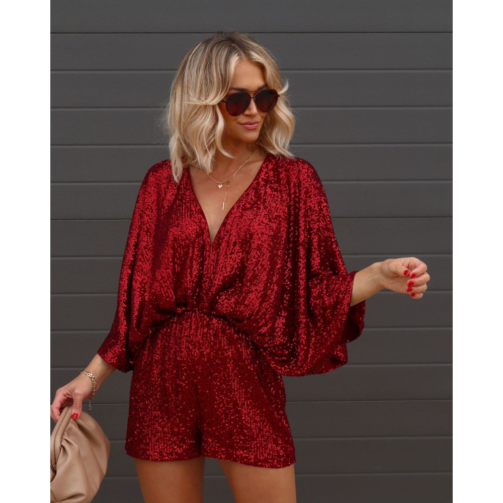Made To Sparkle Sequin Romper - Burgundy