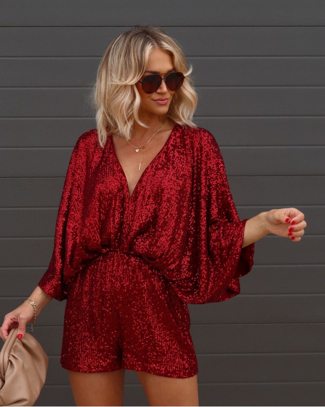 Made To Sparkle Sequin Romper - Burgundy