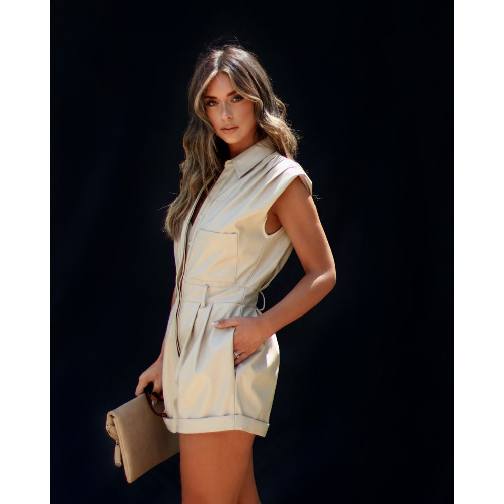 No Limitations Faux Leather Pocketed Romper - Beige